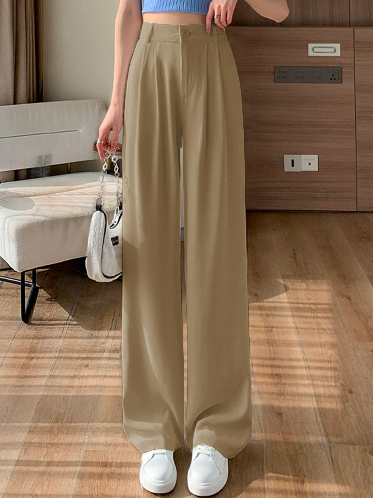 Solid Straight Wide-Leg Pants