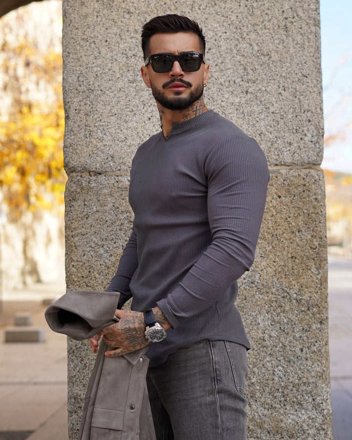 Muscle Fit V-Neck Long Sleeve Cotton Rib Knit T-Shirt