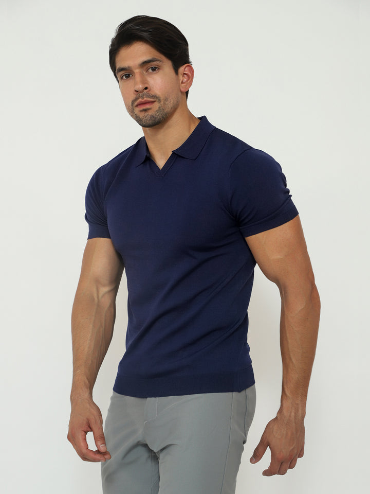 Strick-Poloshirt mit offenem Kragen, Marineblau