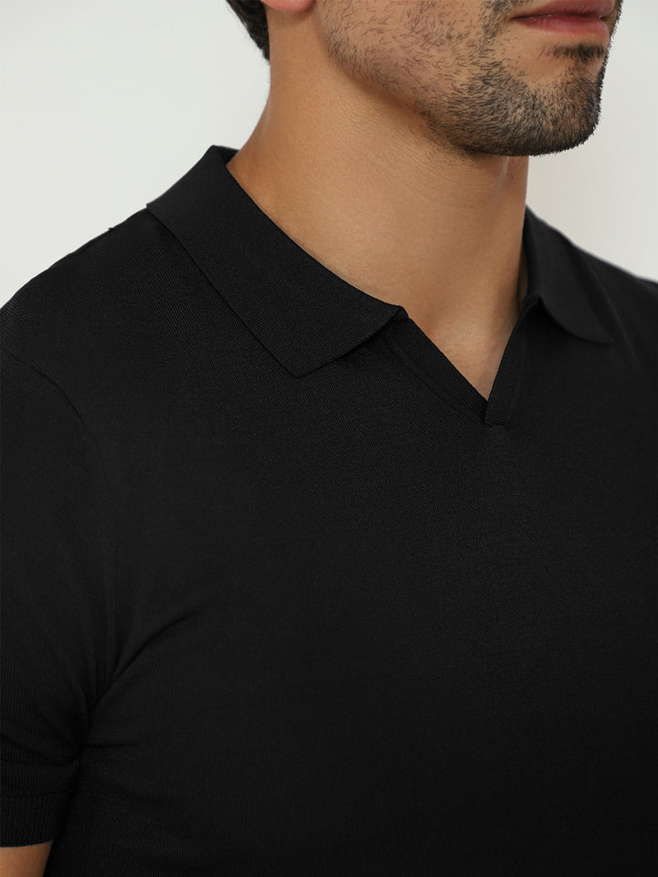 Open Collar Knit Polo Black