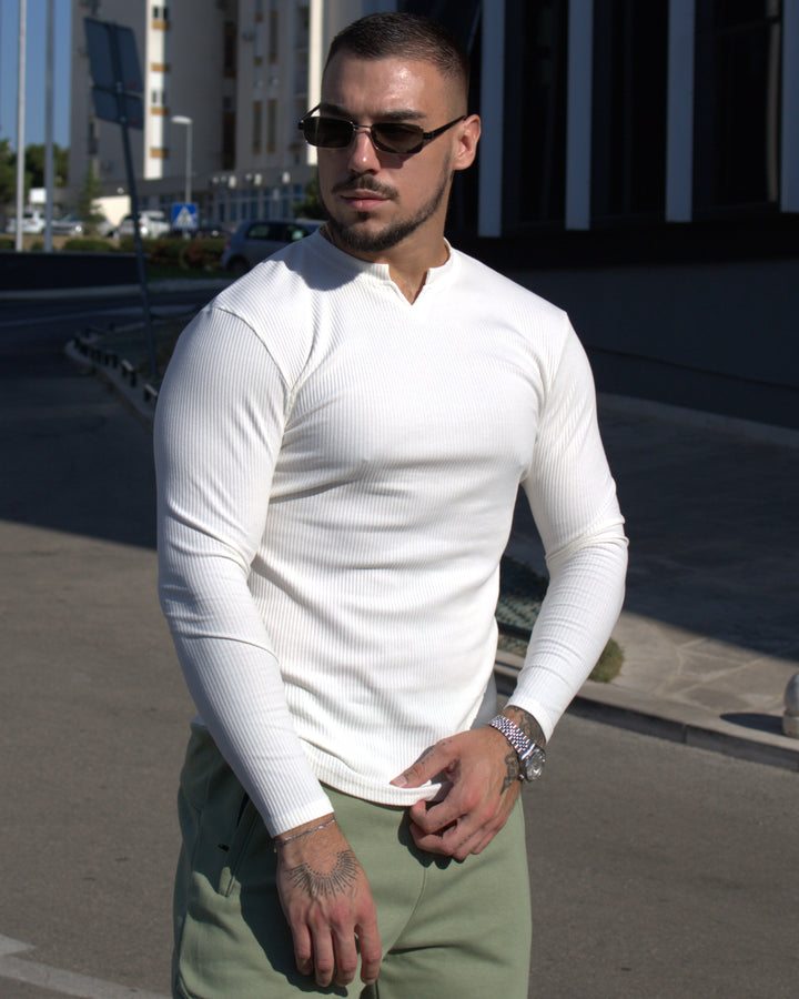 Muscle Fit V-Neck Long Sleeve Cotton Rib Knit T-Shirt