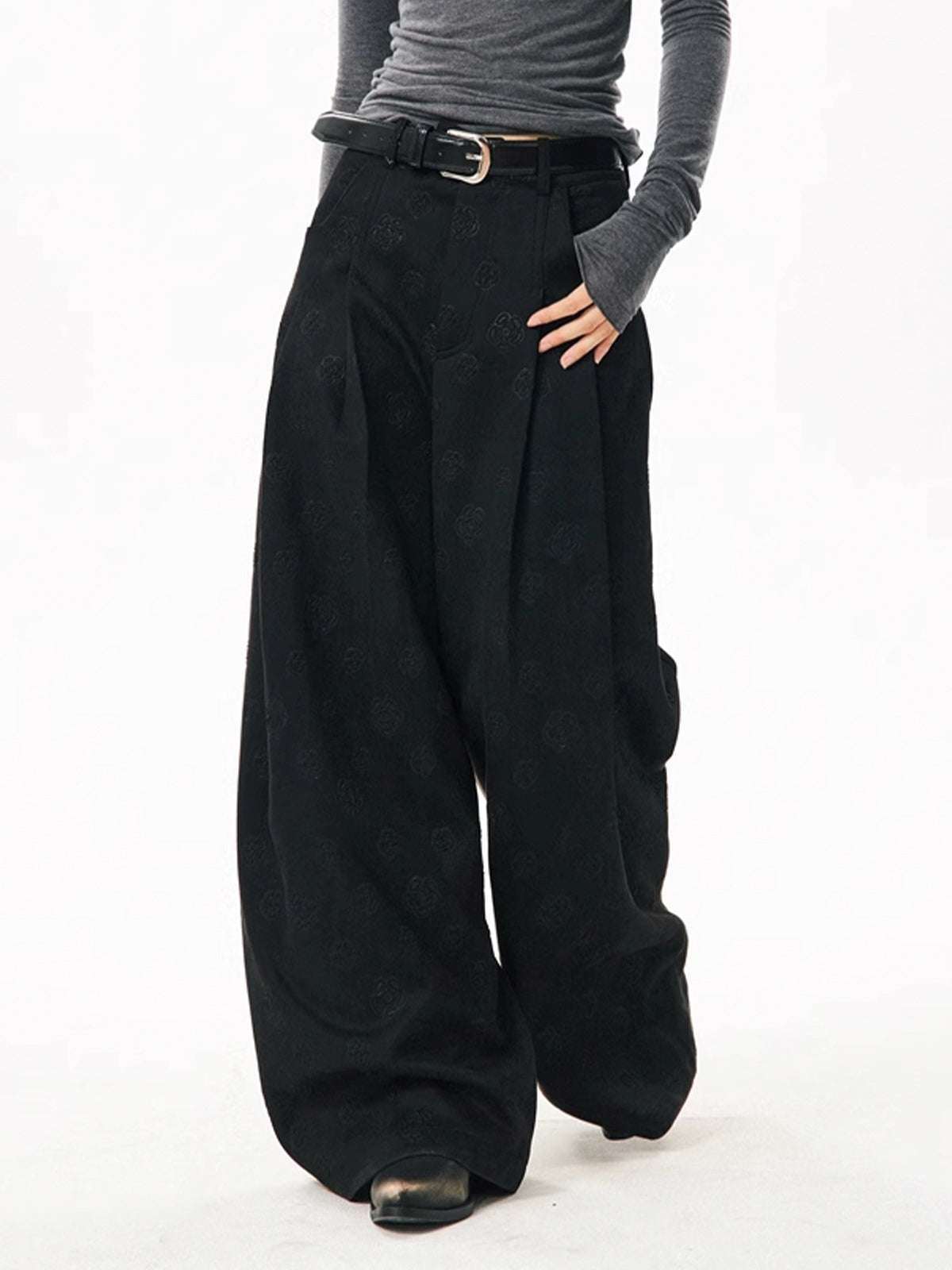 Denim Rose Embossed Wide Leg Pants